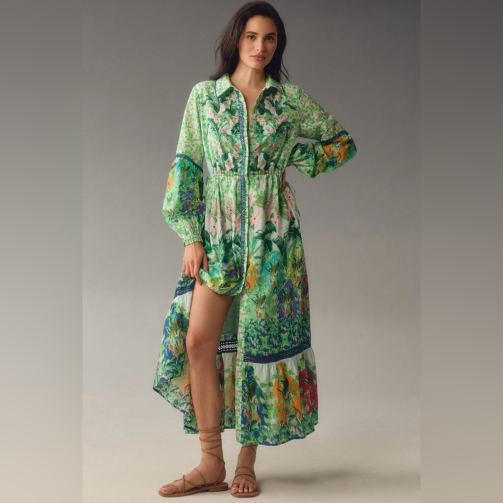 EUC Anthropologie Green and Pink Floral Maxi Dress